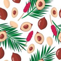 Vector cartoon seamless pattern with Salacca zalacca or Salak exotic fruits, flowers and leafs on white background