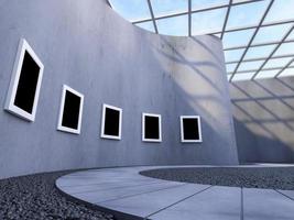 3d rendering of photo frame on curved wall in modern gallery.