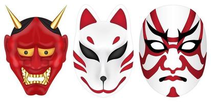 conjunto de máscara de diablo, zorro y kabuki de japón vector