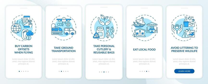 Sugerencias de recorridos sostenibles Pantalla de la página de la aplicación móvil incorporada con conceptos vector