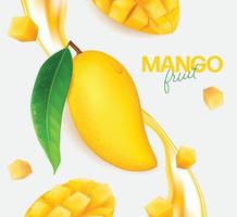 Fresh mango with slices and leaves illustration vector