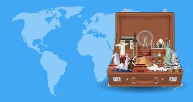 suitcase with travel landmarks on world map vector