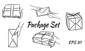 Set of postal parcels. The package is in hand. The envelope is passed from hand to hand. vector