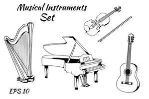 Vector set of musical instruments. Stringed Instruments Set Piano Harp Violin Guitar Vector Stickers.