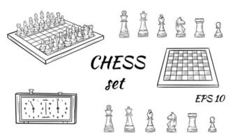 piezas de ajedrez de dibujos animados. vector rey, reina alfil y peón torre de caballos. tablero de ajedrez, reloj. cifras. pegatinas de juego de ajedrez.