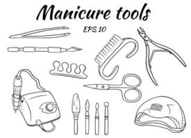 A set of manicure tools. Tools for hardware manicure and pedicure. Apparatus for manicure, cutters, ultraviolet lamp. vector