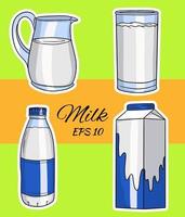 Set of vector illustrations in cartoon style of glass bottles with milk. Milk in a glass, a jug, in a cardboard box, in a bottle.