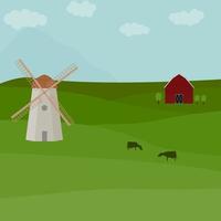 Farm landscape with barn, cows and windmill. Rural area meadow vector