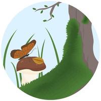 A butterfly lands on a mushroom. Boletus growing near a tree with moss. Forest landscape vector