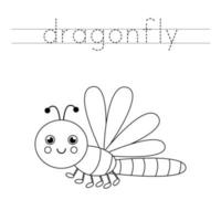 trazando letras con linda libélula. práctica de escritura para niños. vector