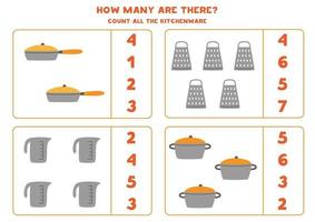 juego de contar con utensilios de cocina. hoja de trabajo de matemáticas. vector