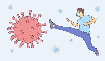 Coronavirus, fighting, infection, protection concept. Young man cartoon character in medical face mask hitting virus. Struggle against covid19 pandemic desease illustration. vector