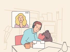 Stay and work from home. Video conference illustration. Workplace, laptop screen, group of people talking by internet. Hand drawn style vector design illustrations.