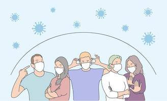 salud, coronavirus, ncov, covid, concepto de conjunto de protección. multitud de personas con pancarta de máscaras médicas. medidas preventivas, protección humana contra el brote de neumonía. vector