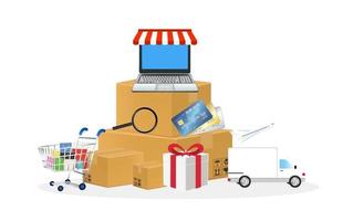 online store object with shopping cart, box, laptop, credit card, truck and airplane vector