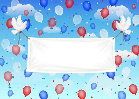 banners with pigeon and ropes balloons on sky