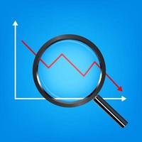 lupa negra analizando un gráfico de acciones en caída vector