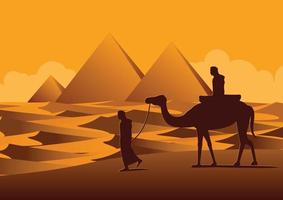 Silhouette design of men and camel walking across desert vector