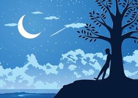 Silhouette design of lonely man in silent night at the riverside vector