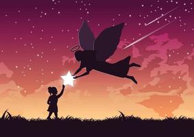 diseño de silueta de ángel dando estrella a una niña vector