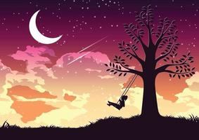 Silhouette design of a girl swinging alone under the tree vector