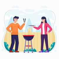 People Making Bbq in Backyard vector