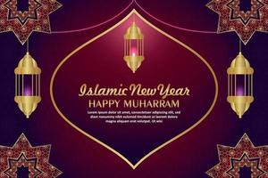 Islamic new year happy muharram celebration greeting card with creative lantern on pattern background vector
