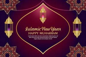 Islamic new year happy muharram celebration greeting card with creative lantern on pattern background vector