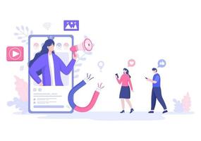 Ilustración de marketing en redes sociales para plataforma de servicios en línea de publicidad, curso en línea, analítica, software de gestión de anuncios, sitio web vector