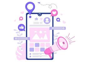 Ilustración de marketing en redes sociales para plataforma de servicios en línea de publicidad, curso en línea, analítica, software de gestión de anuncios, sitio web vector