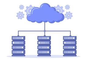 Ilustración del servicio de almacenamiento en la nube para alojamiento o centro de datos, descarga, carga, administración y tecnología de archivos en línea. vector