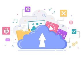 Ilustración del servicio de almacenamiento en la nube para alojamiento o centro de datos, descarga, carga, administración y tecnología de archivos en línea. vector