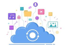 Ilustración del servicio de almacenamiento en la nube para alojamiento o centro de datos, descarga, carga, administración y tecnología de archivos en línea. vector