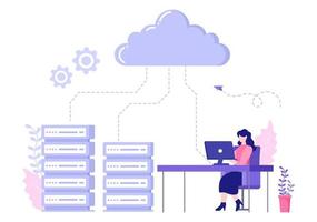 Ilustración de almacenamiento de alojamiento de servidor en la nube de computadora de tecnología de transmisión de datos y protección con administrador o equipo de desarrolladores vector