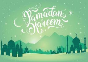 Ilustración de Ramadán Kareem con montañas y mezquitas en colores verdes. vector