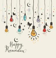 Greeting Card Ramadan Kareem design with lamps and moons. vector