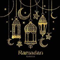 Greeting Card Ramadan Kareem design with lamps and moons. vector