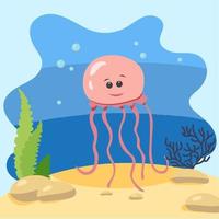 Cute jellyfish on the background of the seascape. Isolated vector illustration in the seabed. Design concept with marine mammal. Cartoon style