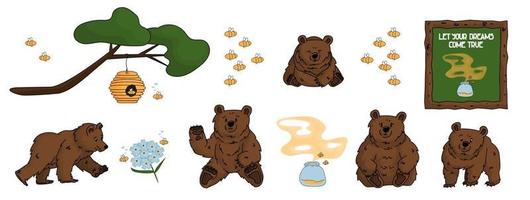 Set of hand drawn bears that walks and sits, honey, forget me nots, beehive, smell of honey, tree, branch, bees and painting vector