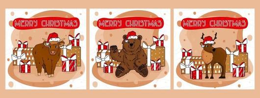 conjunto de lindas tarjetas para navidad y el nuevo año 2021 de dibujos animados de buey, ciervo, oso con regalos de año nuevo, gorros de santa y texto rojo de feliz navidad vector