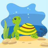 linda tortuga en el fondo del paisaje marino. ilustración vectorial aislada en el fondo del mar. concepto de diseño con mamíferos marinos. estilo de dibujos animados vector