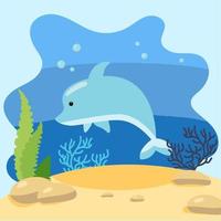 Cute dolphin on the background of the seascape. Isolated vector illustration in the seabed. Design concept with marine mammal. Cartoon style