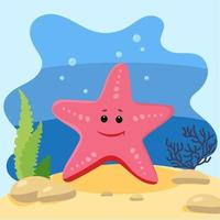 Cute starfish on the background of the seascape. Isolated vector illustration in the seabed. Design concept with marine mammal. Cartoon style