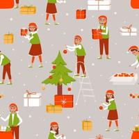 Seamless pattern of elves decorating the Christmas tree and preparing gifts for Christmas vector