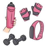 Vector set of fitness accessories in cartoon style. Vector illustration isolated on a white background.