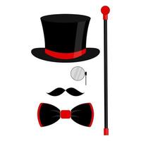 Black top hat, bow tie, monocle, and mustache. Fashionable vector illustration on white background for gift card, certificate, banner, logo.