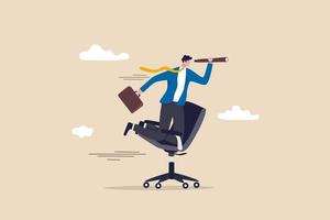 Career future, new job opportunity or visionary to success in work concept, businessman riding office chair using telescope to see future and the way forward. vector