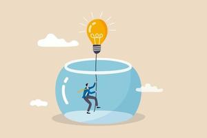 Innovation to solve business problem, idea and creativity to achieve business success concept, businessman climbing the rope from light bulb idea to escape prison fish bowl. vector