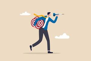 Handle multiple businesses simultaneously, multi purpose or multitasking, side hustle or side job concept, confident businessman carrying many dartboard target. vector