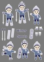 Kids winter. Set of stickers - Cute boy is skiing, skating and snowboarding in different poses. Winter sports. Vector illustration. Childrens collection for postcards, design and print